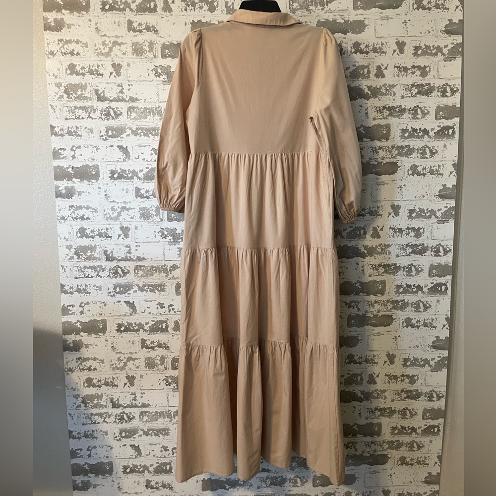 Pomander Place Neutral Tiered Midi Maxi Dress Minimalist Collared Puff sleeve S - Picture 5 of 7